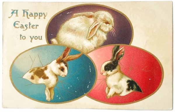 画像1: Postcard　アンティークポストカード　イースター　うさぎ　ダッチウサギ　卵　アメリカ1910年 (1)