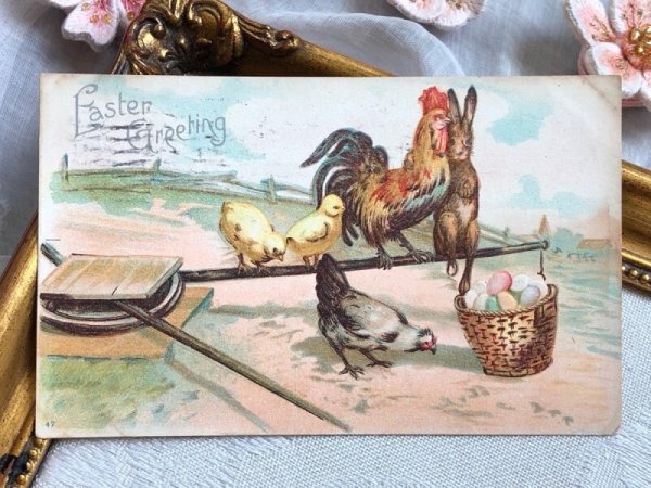 画像2: Postcard アンティークポストカード イースター  ニワトリの家族とうさぎ ウサギ (2)