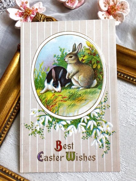 画像2: Postcard アンティークポストカード イースター スノードロップのお花とウサギ うさぎ アメリカ1913年 (2)