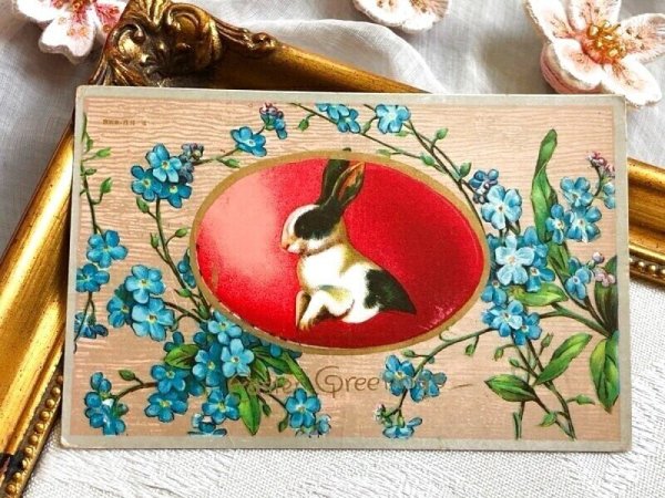 画像2: Postcard アンティークポストカード イースター  忘れな草のお花とうさぎ パンダウサギ ダッチウサギ (2)