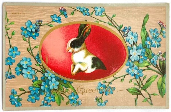 画像1: Postcard　アンティークポストカード　イースター  忘れな草のお花とうさぎ　パンダウサギ　ダッチウサギ (1)