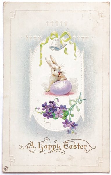 画像1: Postcard　アンティークポストカード　イースター　ラベンダー色の卵とウサギさん　スミレ　うさぎ　アメリカ1916年 (1)