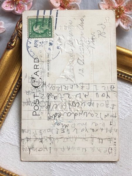 画像4: Postcard アンティークポストカード イースター ラベンダー色の卵とウサギさん スミレ うさぎ アメリカ1916年 (4)