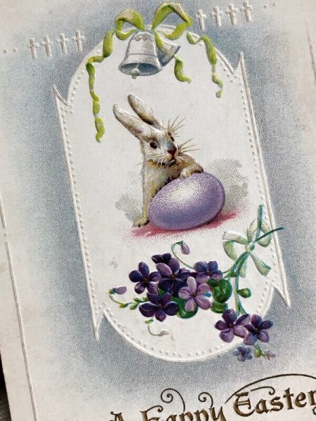 画像3: Postcard アンティークポストカード イースター ラベンダー色の卵とウサギさん スミレ うさぎ アメリカ1916年 (3)