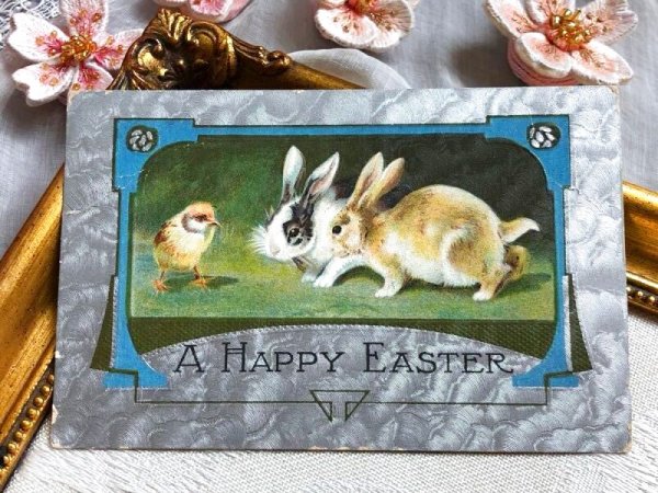 画像2: Postcard アンティークポストカード イースター ヒヨコとうさぎ ウサギ アメリカ1909年 (2)