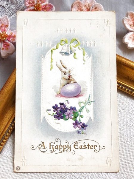 画像2: Postcard アンティークポストカード イースター ラベンダー色の卵とウサギさん スミレ うさぎ アメリカ1916年 (2)