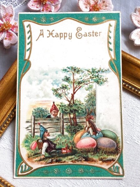 画像2: Postcard アンティークポストカード イースター 卵から生まれたウサギさんに驚くノーム妖精 うさぎ アメリカ1907年 (2)