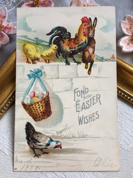 画像2: Postcard アンティークポストカード イースター ニワトリの家族とウサギさん うさぎ    (2)