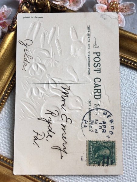 画像4: Postcard アンティークポストカード イースター ウサギさんとスノードロップのお花 うさぎ 卵 アメリカ1908年 (4)