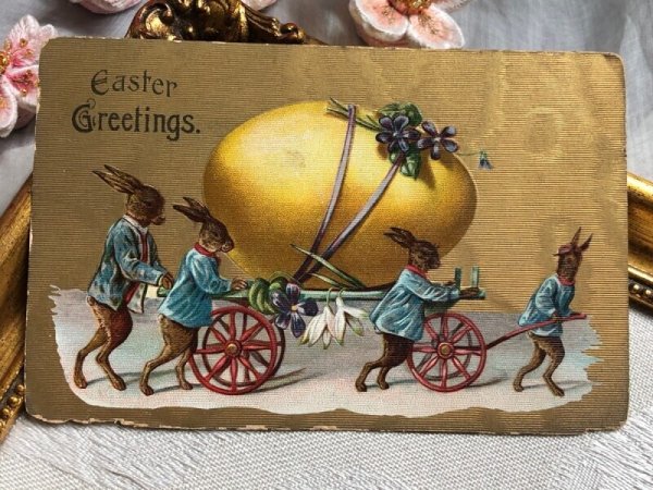 画像2: Postcard アンティークポストカード イースター 卵を運ぶウサギさん うさぎ (未使用) (2)