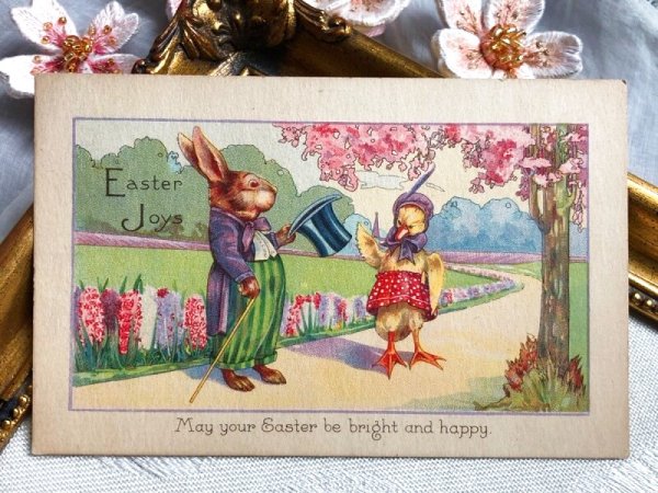 画像2: Postcard アンティークポストカード イースター ヒヨコさんと挨拶をするとウサギさん うさぎ ヒヤシンス アメリカ1932年 (2)