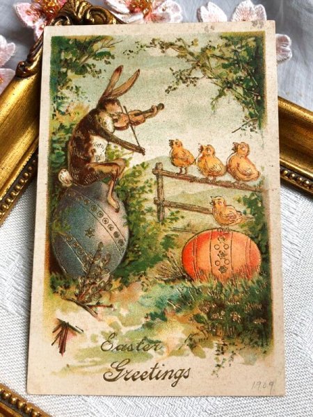 画像2: Postcard アンティークポストカード イースター バイオリンを弾くウサギさんと歌うヒヨコさん アメリカ1909年 (2)