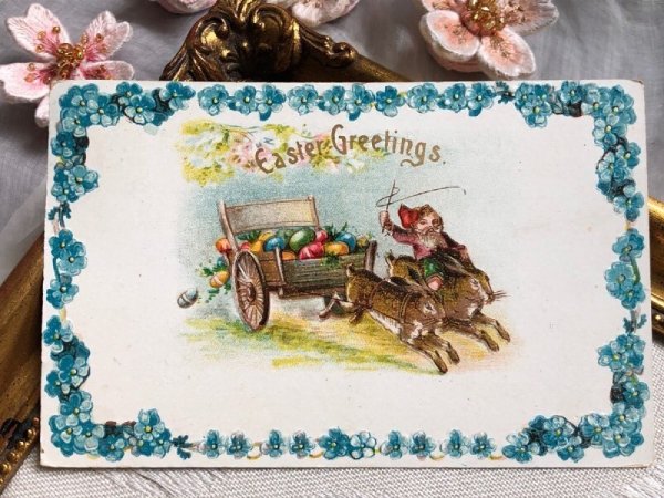 画像2: Postcard アンティークポストカード イースター ウサギ車で卵を運ぶノーム妖精 アメリカ1911年 (2)