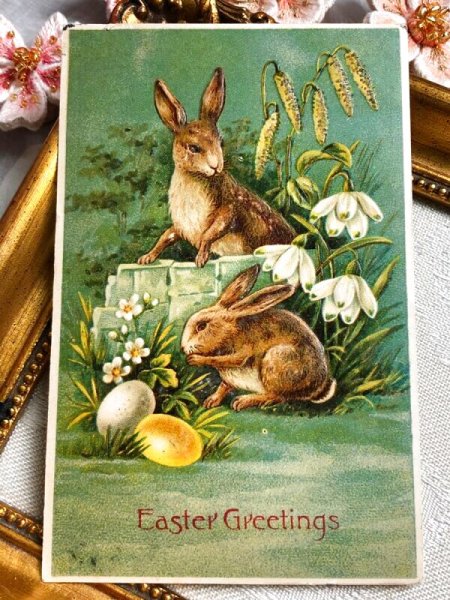 画像2: Postcard アンティークポストカード イースター ウサギさんとスノードロップのお花 うさぎ 卵 アメリカ1908年 (2)