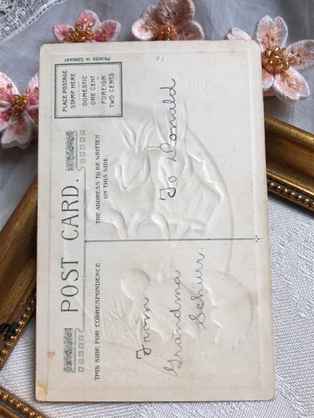 画像4: Postcard アンティークポストカード イースター 青い卵から生まれた双子の白ウサギさん ヒヨコ うさぎ アメリカ1917年 (4)