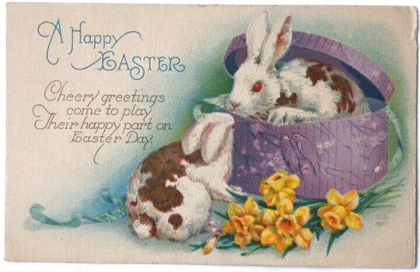 画像1: Postcard　アンティークポストカード　イースター　帽子箱とウサギさん　うさぎ　水仙（未使用） (1)
