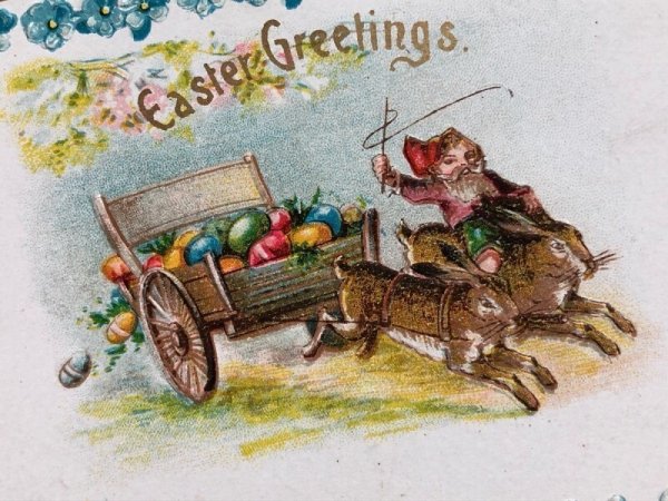 画像3: Postcard アンティークポストカード イースター ウサギ車で卵を運ぶノーム妖精 アメリカ1911年 (3)