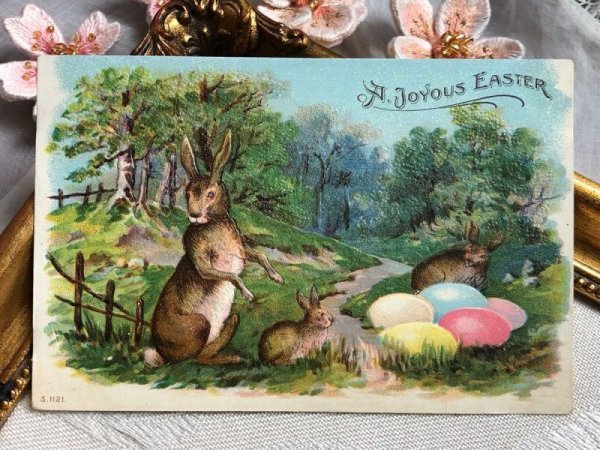 画像2: Postcard アンティークポストカード イースター ウサギさんと卵 うさぎ (未使用) (2)