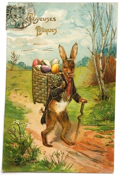 画像1: Postcard　アンティークポストカード　イースター　卵を運ぶウサギさん　うさぎ　フランス1907年 (1)