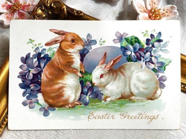 画像2: Postcard アンティークポストカード イースター スミレのお花とウサギさん うさぎ (2)