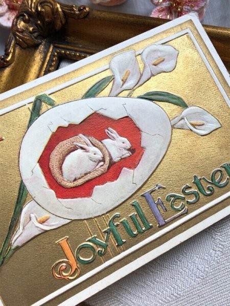 画像3: Postcard アンティークポストカード イースター 白いお花とウサギさん うさぎ カラー (未使用) (3)