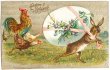 画像1: Postcard　アンティークポストカード　イースター　卵を盗むウサギさんを追いかけるニワトリ　うさぎ　スミレ　アメリカ1909年 (1)