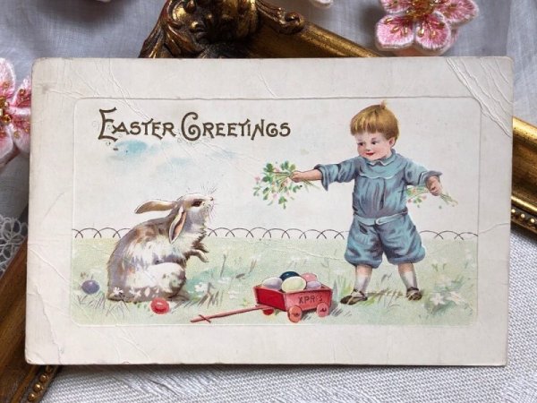 画像2: ▼SALE 500▼Postcard   アンティークポストカード イースター 男の子とウサギさん うさぎ  (2)