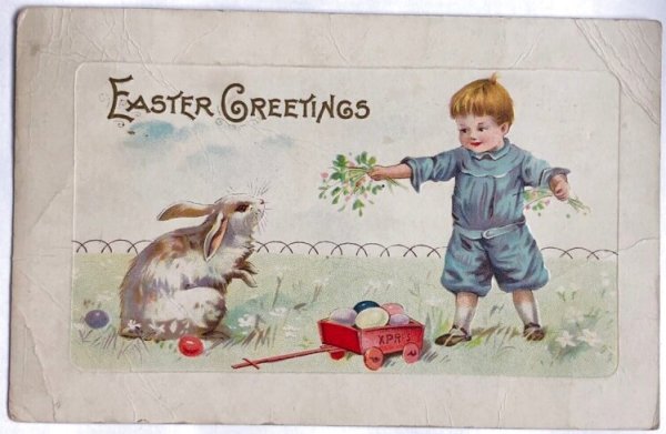 画像1: ▼SALE 500▼Postcard  　アンティークポストカード　イースター　男の子とウサギさん　うさぎ　 (1)
