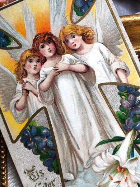 画像3: Postcard  アンティークポストカード イースター 3人の天使 白百合 スミレ アメリカ1909年 (3)