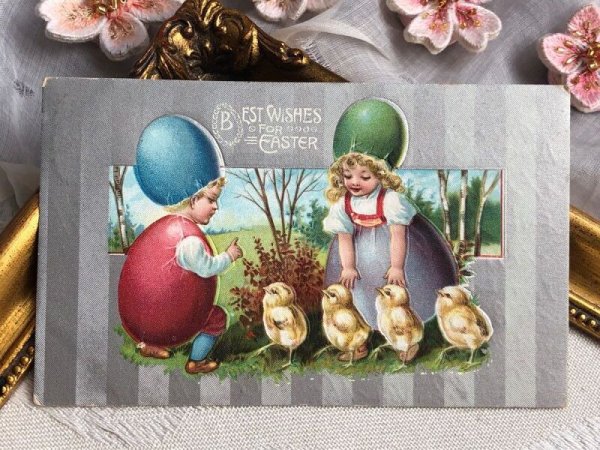 画像2: Postcard  アンティークポストカード イースター 卵姿の子ども達とヒヨコ (2)