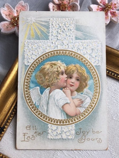 画像2: Postcard  アンティークポストカード イースター 祈る天使と十字架 アメリカ1912年 Harriet Bennett (2)