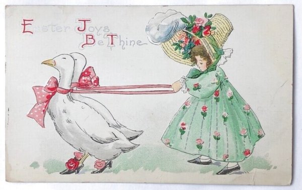 画像1: Postcard  アンティークポストカード　イースター　ガチョウとボンネット帽子の女の子　アヒル (1)