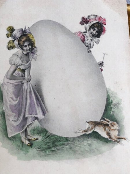 画像3: Postcard　アンティークポストカード　イースター　大きな卵と女性とウサギ　うさぎ （未使用） (3)