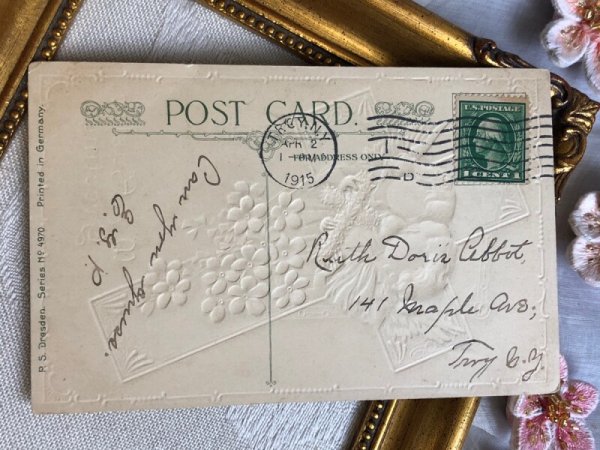 画像4: Postcard  アンティークポストカード イースター 十字架と天使 忘れな草のお花 1915年 (4)