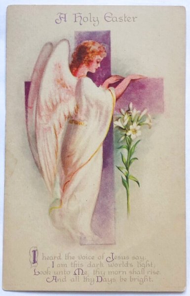 画像1: Postcard  アンティークポストカード　イースター　白百合のお花と天使　（未使用） (1)