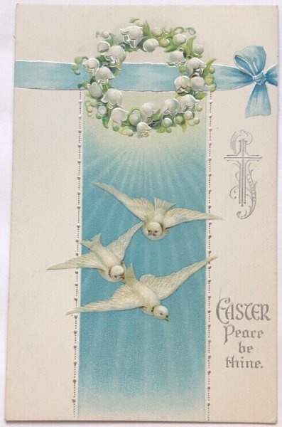 画像1: Postcard  　アンティークポストカード　イースター　スズランのお花と水色のリボン　白鳩　アメリカ1924年 (1)