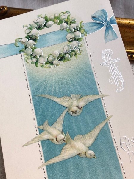 画像3: Postcard  　アンティークポストカード　イースター　スズランのお花と水色のリボン　白鳩　アメリカ1924年 (3)