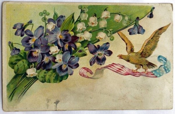 画像1: Postcard  　アンティークポストカード　スミレとスズランのお花　イーグル　鷲　アメリカ国旗　1909年 (1)