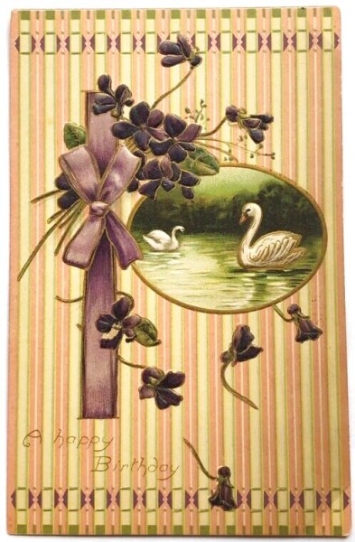 画像1: Postcard  　アンティークポストカード　スミレのお花と白鳥　リボン (1)