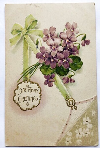画像1: Postcard  　アンティークポストカード　スミレのお花　緑のリボン　 (1)