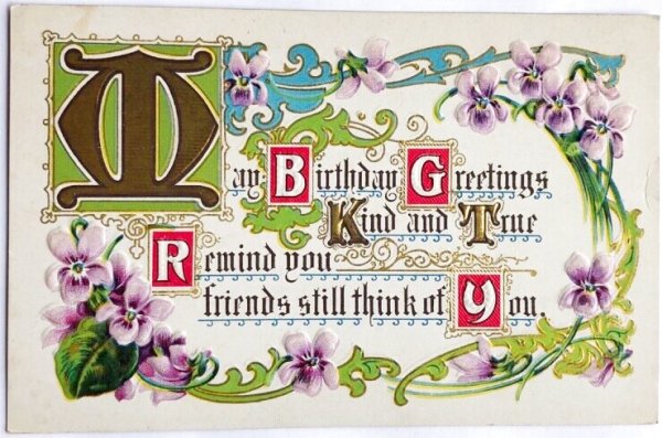 画像1: Postcard  　アンティークポストカード　スミレのお花　お誕生日メッセージ (1)