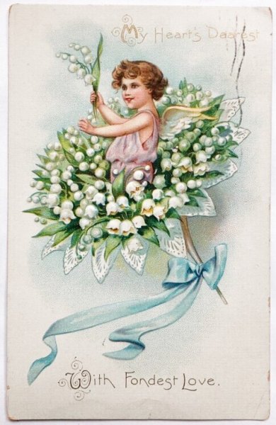 画像1: Postcard  　アンティークポストカード　バレンタイン　スズランのお花と天使　妖精 (1)