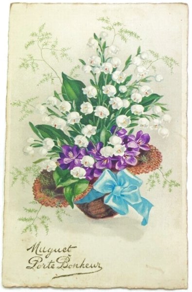 画像1: Postcard  　アンティークポストカード　スズランのお花　パニエ　水色リボン (1)