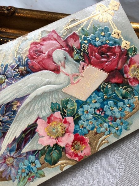 画像3: Postcard   アンティークポストカード 伝書鳩とお花 薔薇 忘れな草  (3)