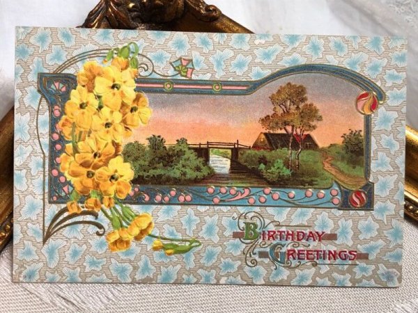 画像2: Postcard  　アンティークポストカード　黄色のお花と水辺の風景　1914年 (2)