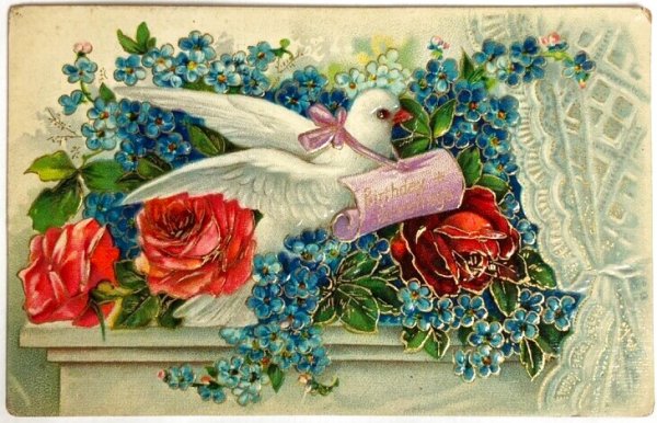 画像1: Postcard  　アンティークポストカード　伝書鳩とお花　薔薇　忘れな草　 (1)