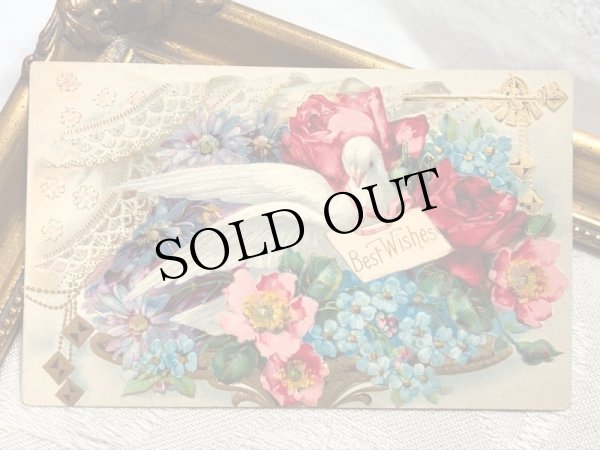 画像2: Postcard  　アンティークポストカード　伝書鳩とお花　薔薇　忘れな草　（未使用） (2)