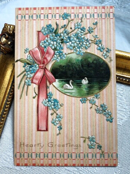 画像2: Postcard  　アンティークポストカード　忘れな草のお花と白鳥のいる風景 (2)