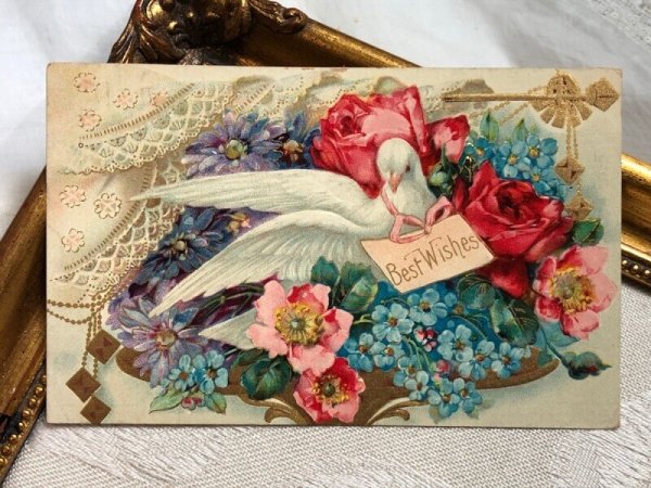 画像2: Postcard   アンティークポストカード 伝書鳩とお花 薔薇 忘れな草  (2)