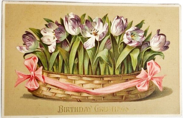 画像1: Postcard  　アンティークポストカード　チューリップのお花かご (1)